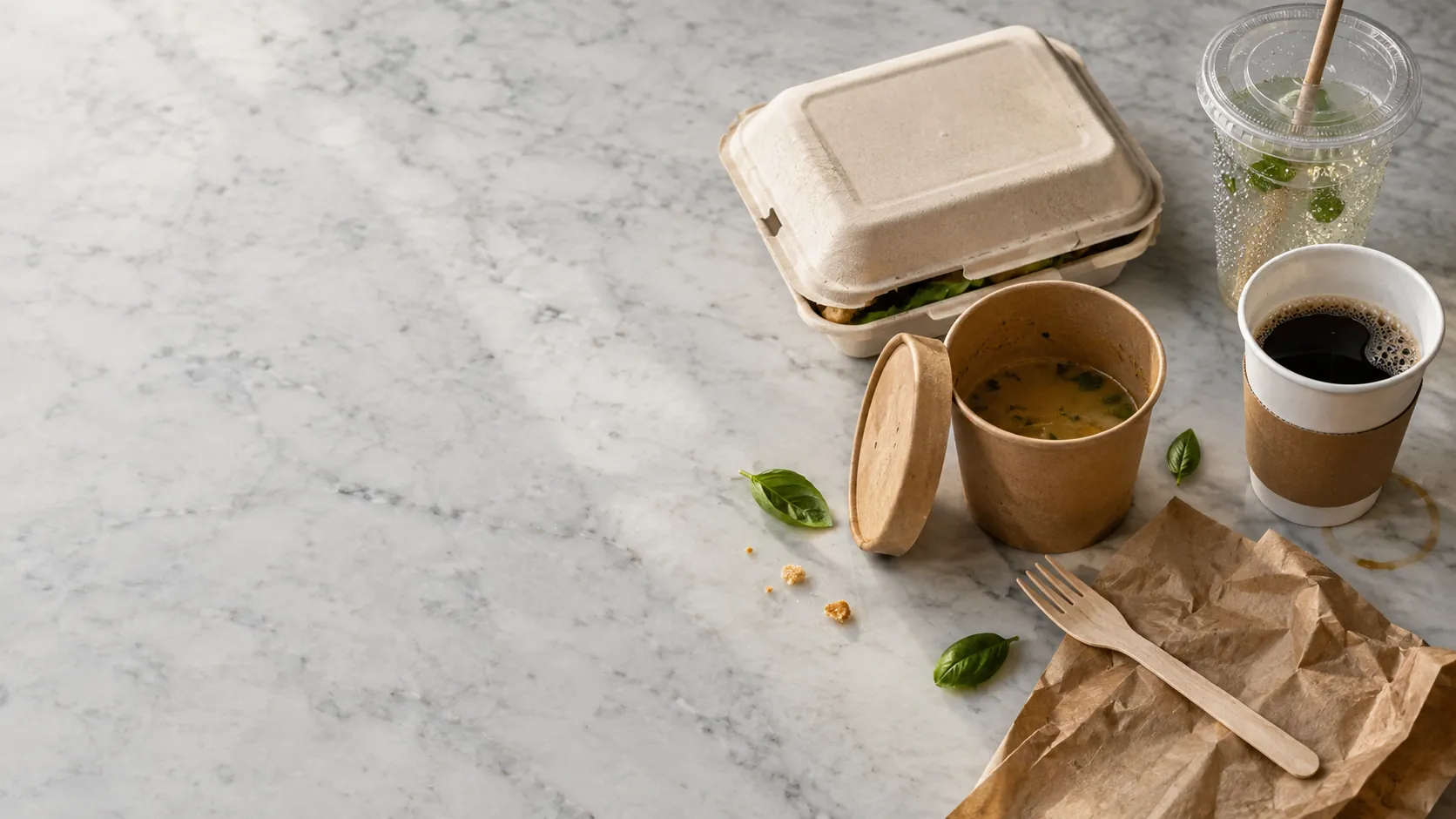 Takeaway set: bagasse clamshell, kraft bowl, coffee cup, wooden cutlery